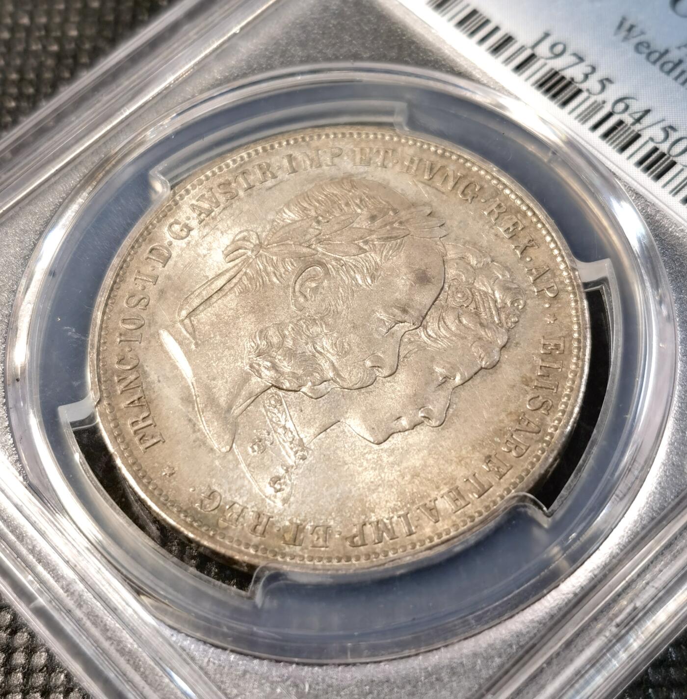  甄臻铺-世界币章拍卖（第24期），送拍享返佣金等优惠多多 PCGS-MS64 1879年奥地利弗朗茨一世与茜茜公主银婚纪念2福林 丝绸底板 醇熟五彩 顶级收藏品质