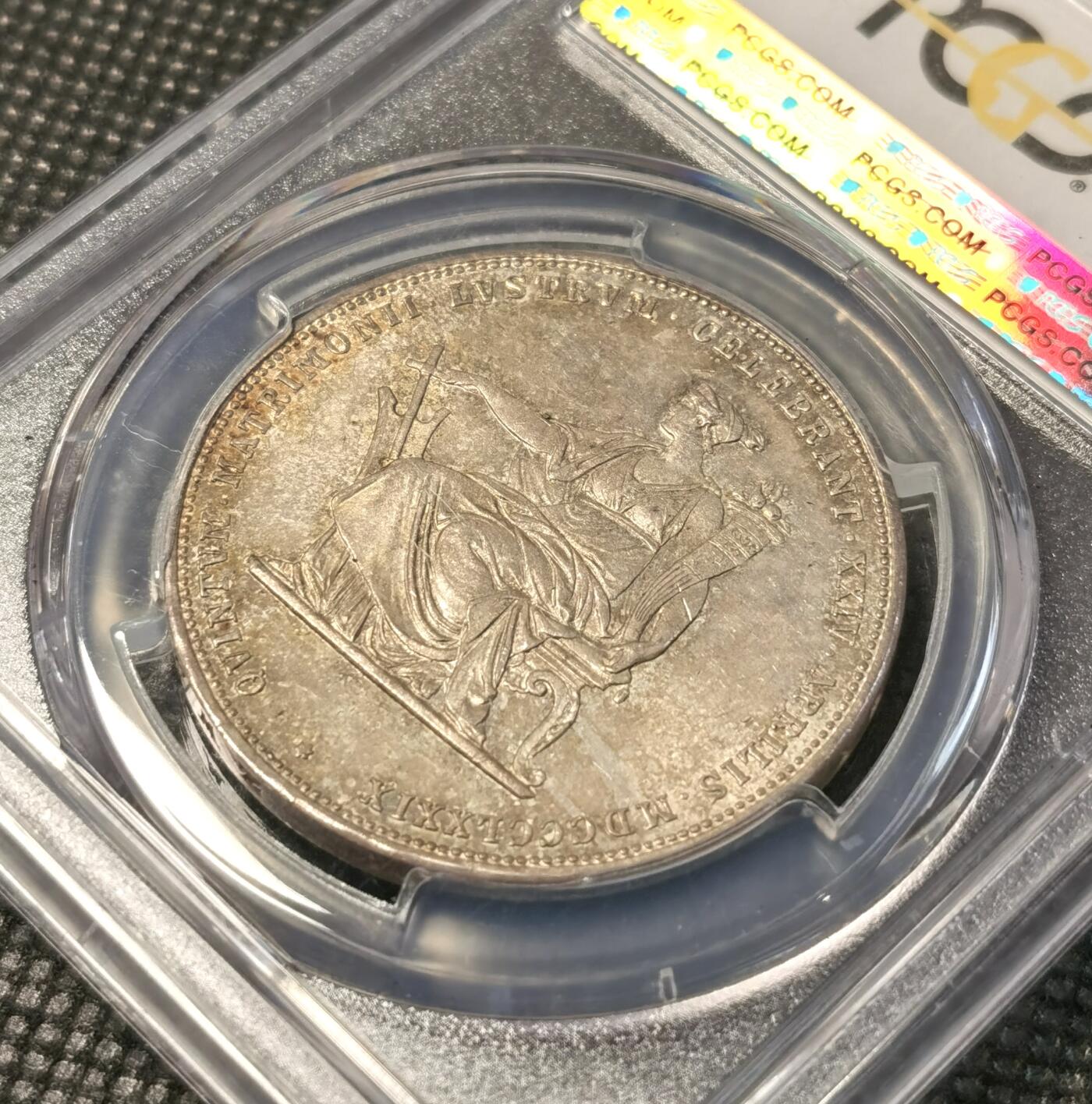  甄臻铺-世界币章拍卖（第24期），送拍享返佣金等优惠多多 PCGS-MS64 1879年奥地利弗朗茨一世与茜茜公主银婚纪念2福林 丝绸底板 醇熟五彩 顶级收藏品质