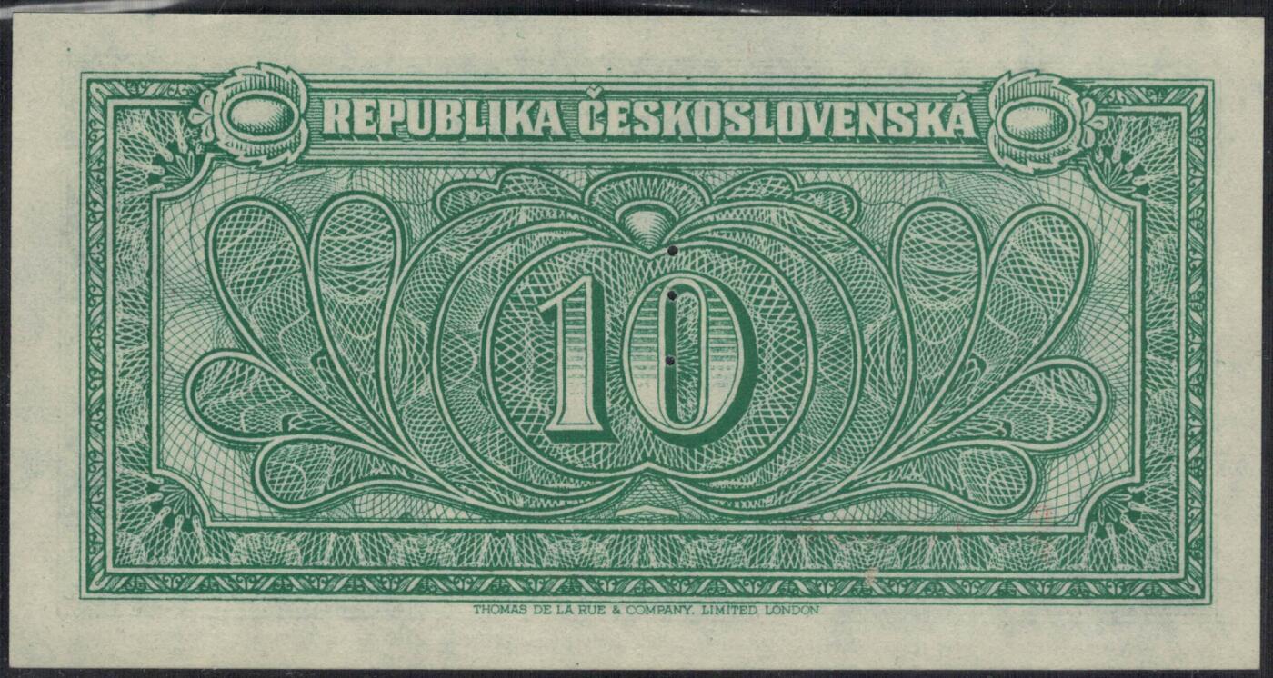 捷克斯洛伐克1945年10克朗(样钞 票样 样票) 无4 P-60s 实物图 UNC