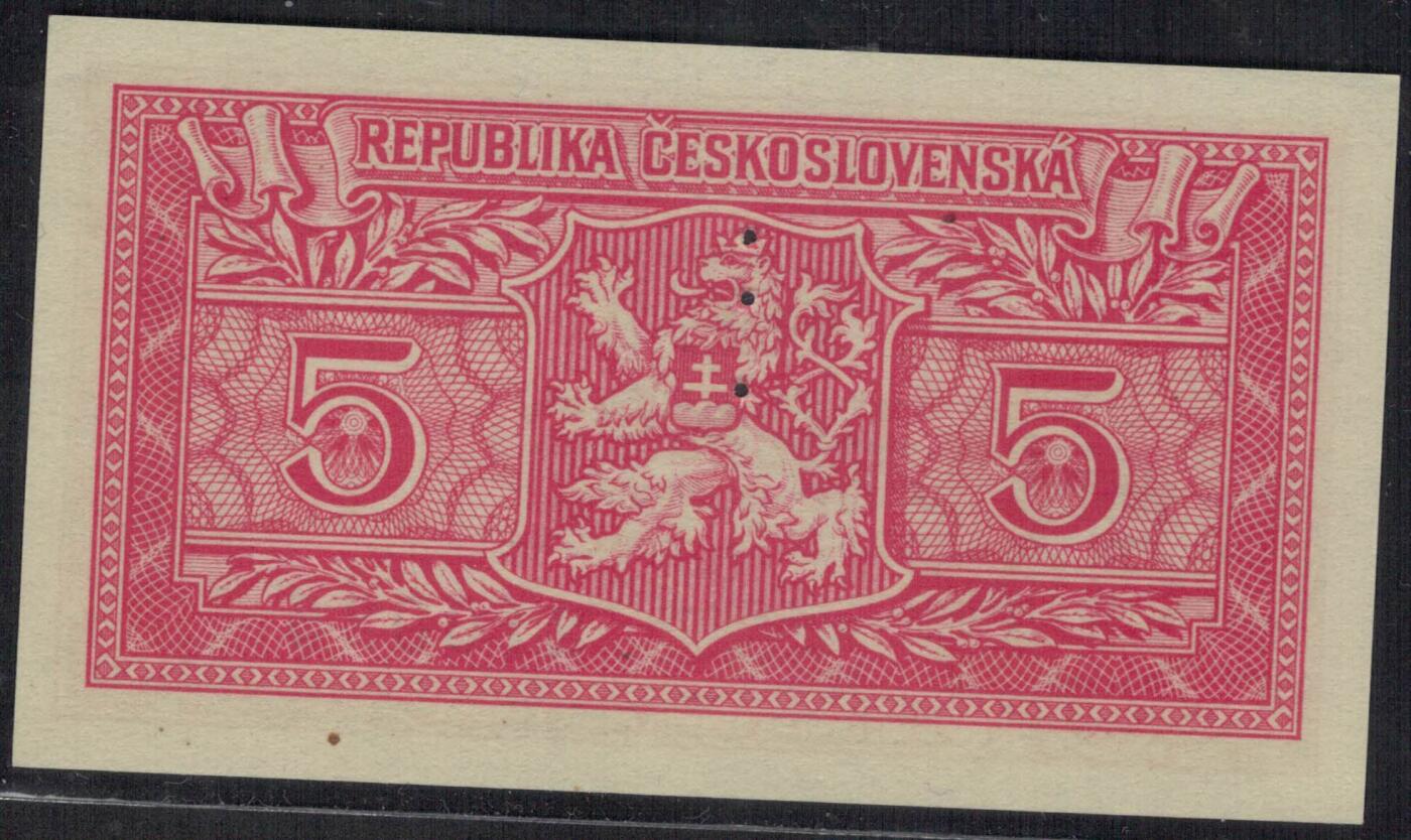 捷克斯洛伐克1949年5克郎(样钞 票样 样票) 无47 P-68s 实物图 UNC