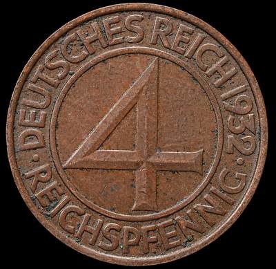 修遠堂世界钱币第七十七期 - 1932年德国4芬尼铜币 A厂铭