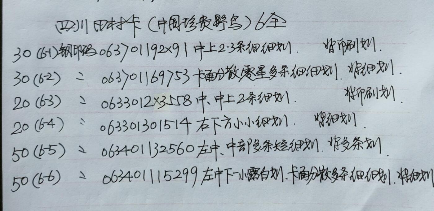 公藏第51期裸卡拍卖 四川田村卡（中国珍贵野鸟）6全品相钢印码见描述。
