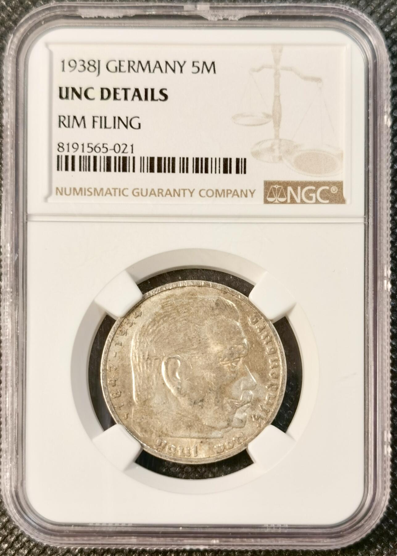  甄臻铺-世界币章拍卖（第24期），送拍享返佣金等优惠多多 NGC-UNCD 德国1938年兴登堡5马克J版银币 老包浆，味道好，细节好，无论是砸盒重评还是砸盒出来玩都可以