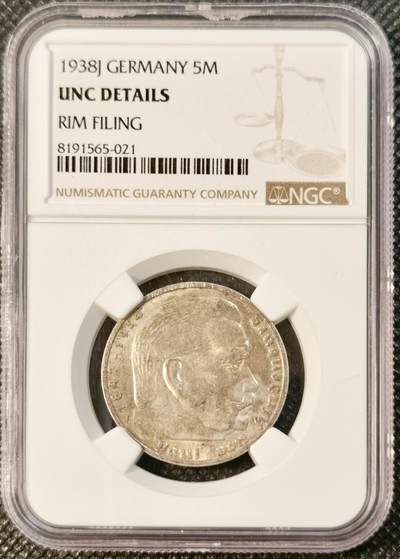  甄臻铺-世界币章拍卖（第24期），送拍享返佣金等优惠多多 - NGC-UNCD 德国1938年兴登堡5马克J版银币 老包浆，味道好，细节好，无论是砸盒重评还是砸盒出来玩都可以