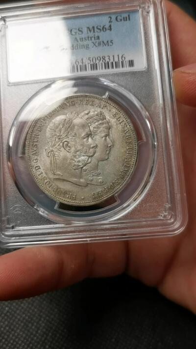  甄臻铺-世界币章拍卖（第24期），送拍享返佣金等优惠多多 PCGS-MS64 1879年奥地利弗朗茨一世与茜茜公主银婚纪念2福林 丝绸底板 醇熟五彩 顶级收藏品质
