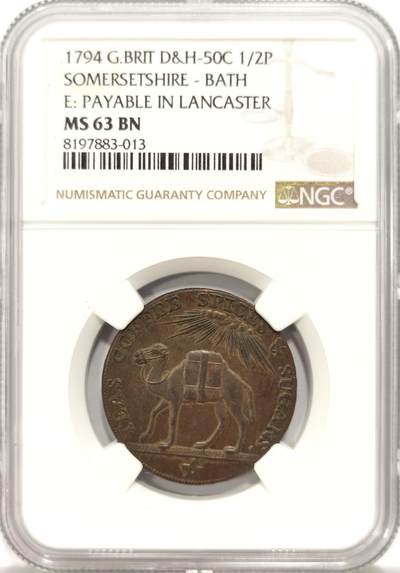 博洋堂世界钱币拍卖第130期（全场包邮） - NGC MS63 英国1794年半便士萨摩赛特郡骆驼，经典工业革命始祖铜币，63分典藏品相！