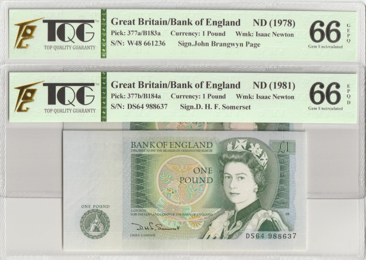 PThappally收藏第51次拍卖，英联邦地区硬币纸币 英国 年份 1978 & 1981, 1x2 英镑 全新的 纸币, 克劳斯目录编号: 377a &377b, 签名 Page & D H F. Somerset, 认证于: TQG 66 GEPQ, 66 EPQD Gem UNC 