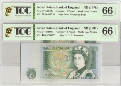 PThappally收藏第51次拍卖，英联邦地区硬币纸币 - 英国 年份 1978 & 1981, 1x2 英镑 全新的 纸币, 克劳斯目录编号: 377a &377b, 签名 Page & D H F. Somerset, 认证于: TQG 66 GEPQ, 66 EPQD Gem UNC 