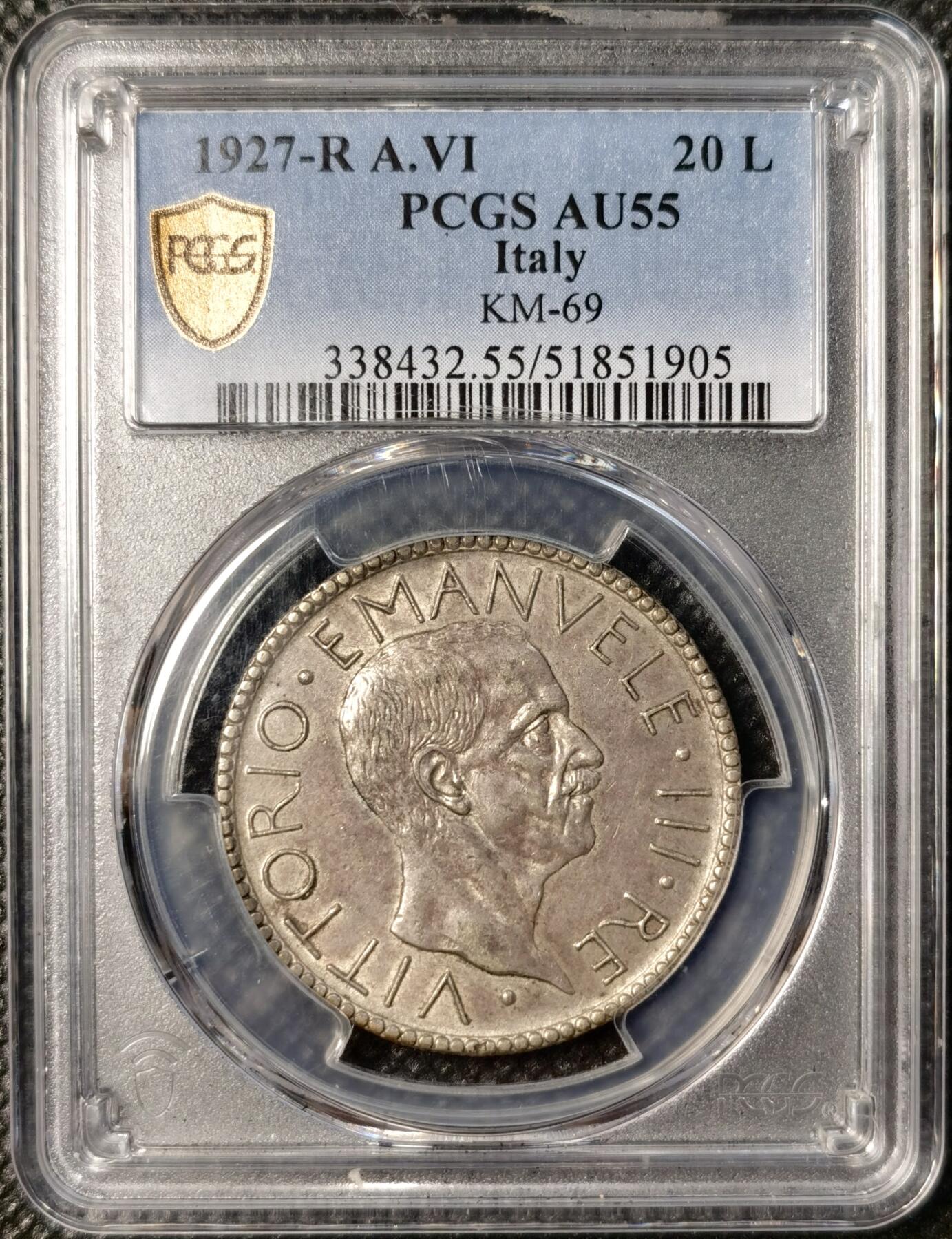  甄臻铺-世界币章拍卖（第24期），送拍享返佣金等优惠多多 PCGS-AU55 意大利1927年裸男20里拉，老包浆好细节