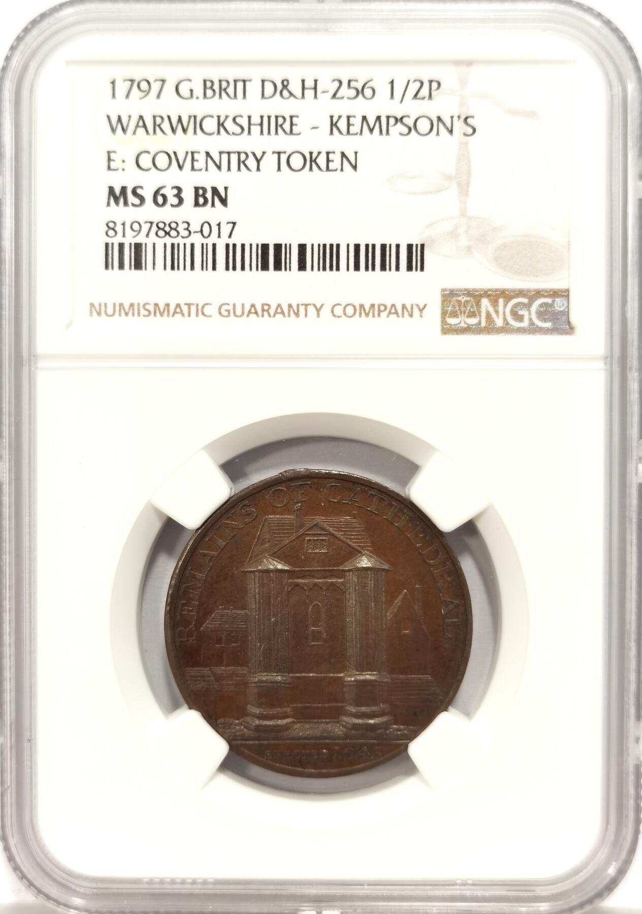 博洋堂世界钱币拍卖第130期（全场包邮） NGC MS63 英国1797年沃里克郡经典建筑风景半便士代币。1797是车轮大便士开始铸造的年份，此时便士代币却已风行好几年，为英国各郡邦提供了良好的铜币流通氛围！