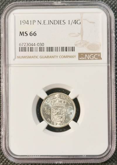  甄臻铺-世界币章拍卖（第24期），送拍享返佣金等优惠多多 - NGC-MS66 1941年荷属东印度1/4盾，高分