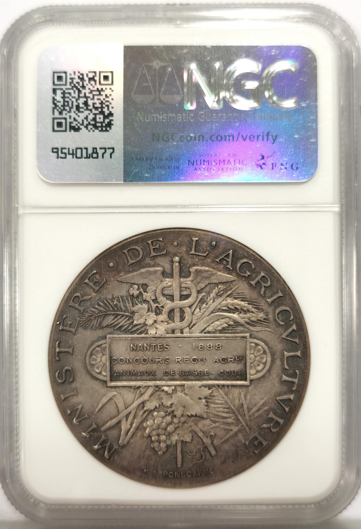 博洋堂世界钱币拍卖第130期（全场包邮） 1888年法国农业竞赛奖杯普斯卡梅大银章NGC-UNCD，直径42mm，原味老包浆，银灰色，高浮雕设计，做工精致，状态极佳，疑似错杀。