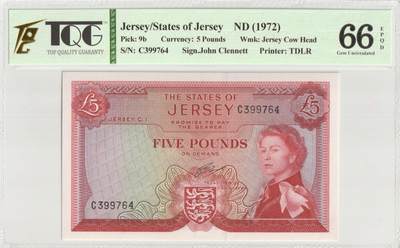 PThappally收藏第51次拍卖，英联邦地区硬币纸币 - 泽西岛 年份 1972, 5 英镑 全新的 纸币, 克劳斯目录编号: 9b, 签名: John Clinnett, 认证于: TQG 66 EPQD Gem UNC