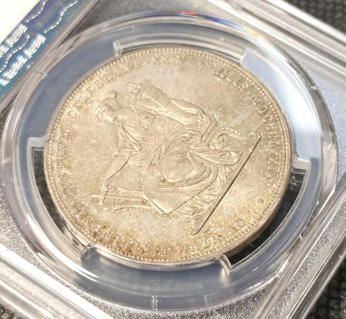  甄臻铺-世界币章拍卖（第24期），送拍享返佣金等优惠多多 PCGS-MS64 1879年奥地利弗朗茨一世与茜茜公主银婚纪念2福林 丝绸底板 醇熟五彩 顶级收藏品质
