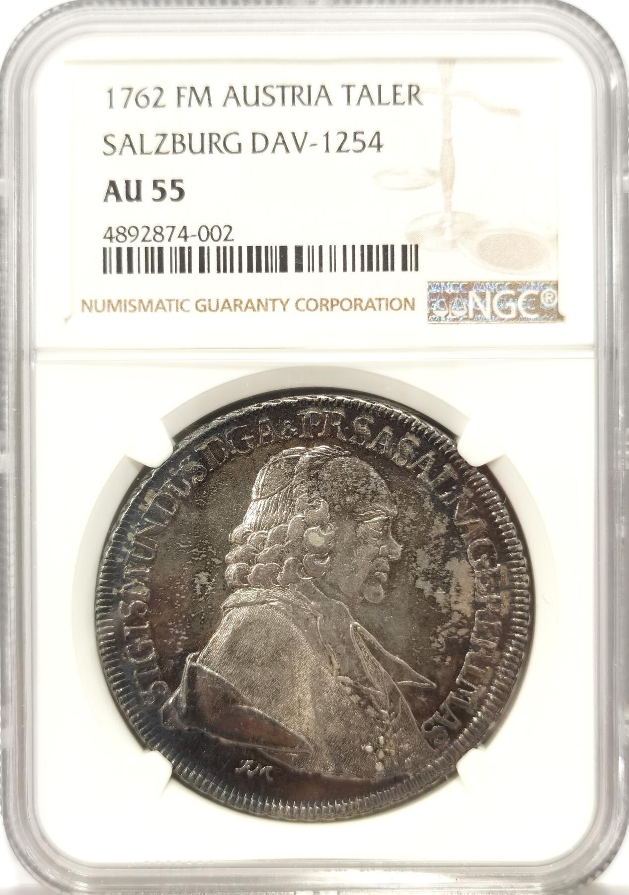 博洋堂世界钱币拍卖第130期（全场包邮） NGC AU55 奥匈1762年萨尔斯堡一斯蒙德三世宗教泰勒，背面是主教手持圣象