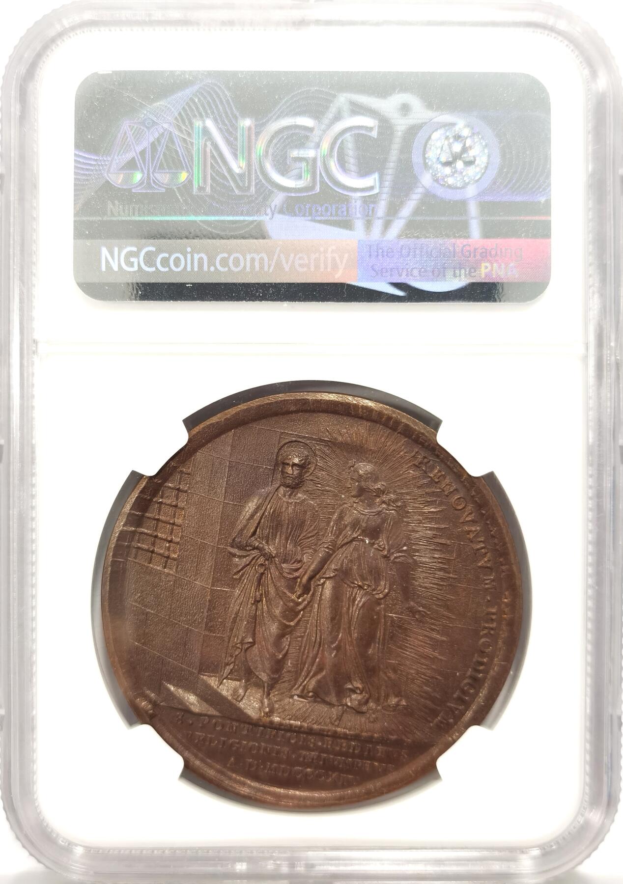 博洋堂世界钱币拍卖第130期（全场包邮） NGC MS62 唯一记录！1814年梵蒂冈纪念教皇回到罗马40mm大铜章，背面圣母和圣子流光溢彩，精美无边，又自带古朴和威严！实属无法再现的工艺与设计！