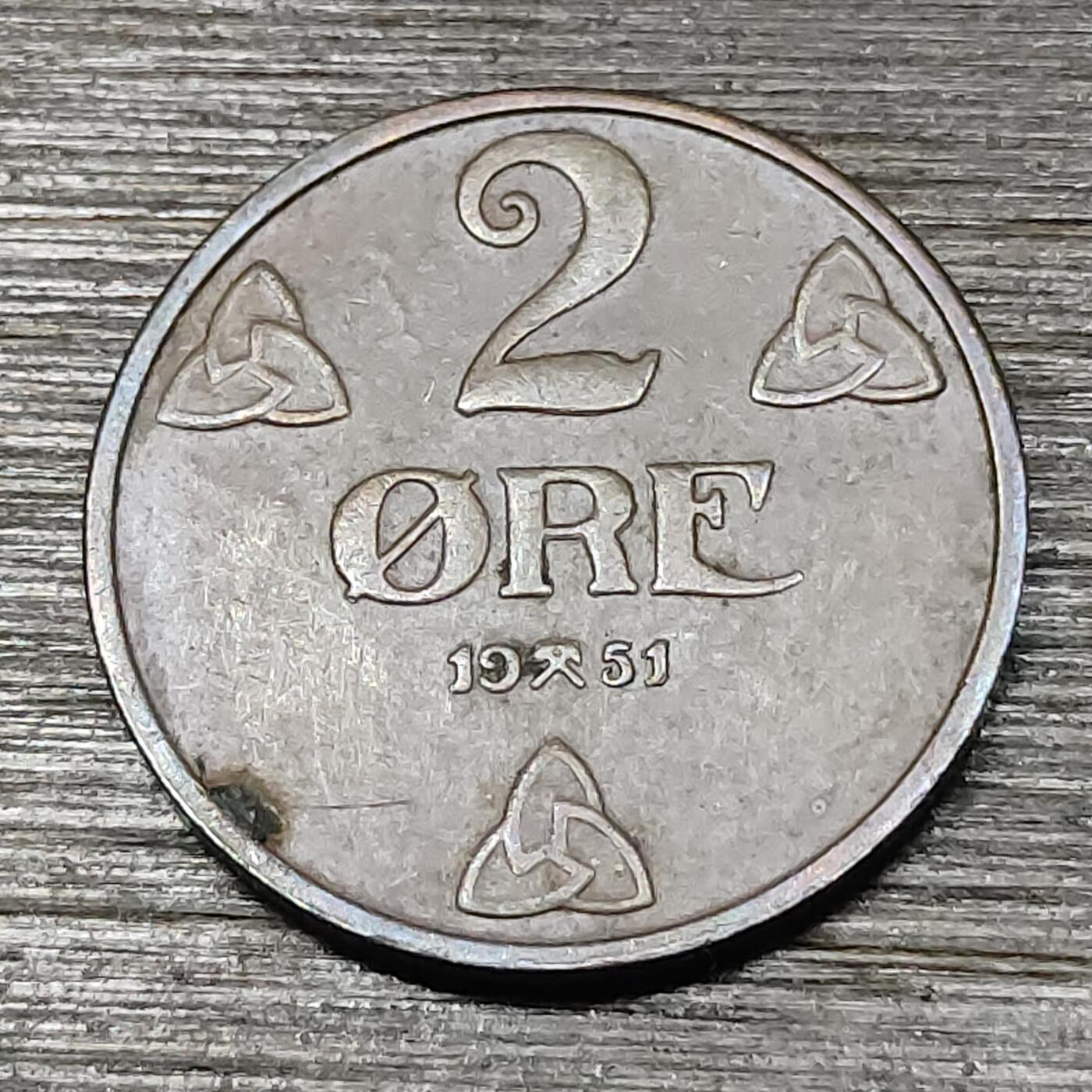 【铜匠收藏】★第125场★散币场，无佣金，30包邮。不满30元，支付5元运费。《接受代拍 代送NGC评级》 挪威 1951年 2欧尔 铜币