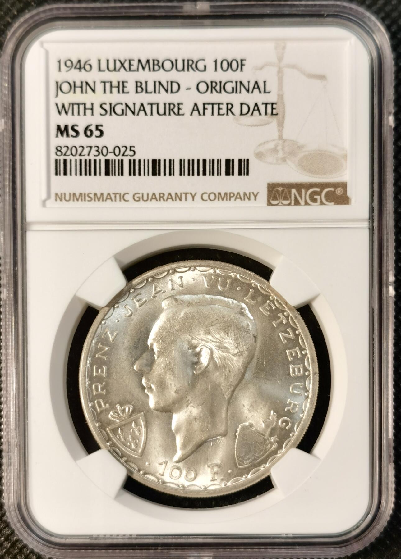  甄臻铺-世界币章拍卖（第24期），送拍享返佣金等优惠多多 NGC-MS65 卢森堡1946年盲人约翰100法郎大银币 卢森堡的大马剑，中世纪骑士策马冲锋，细节精美，图案题材难得，高分可藏