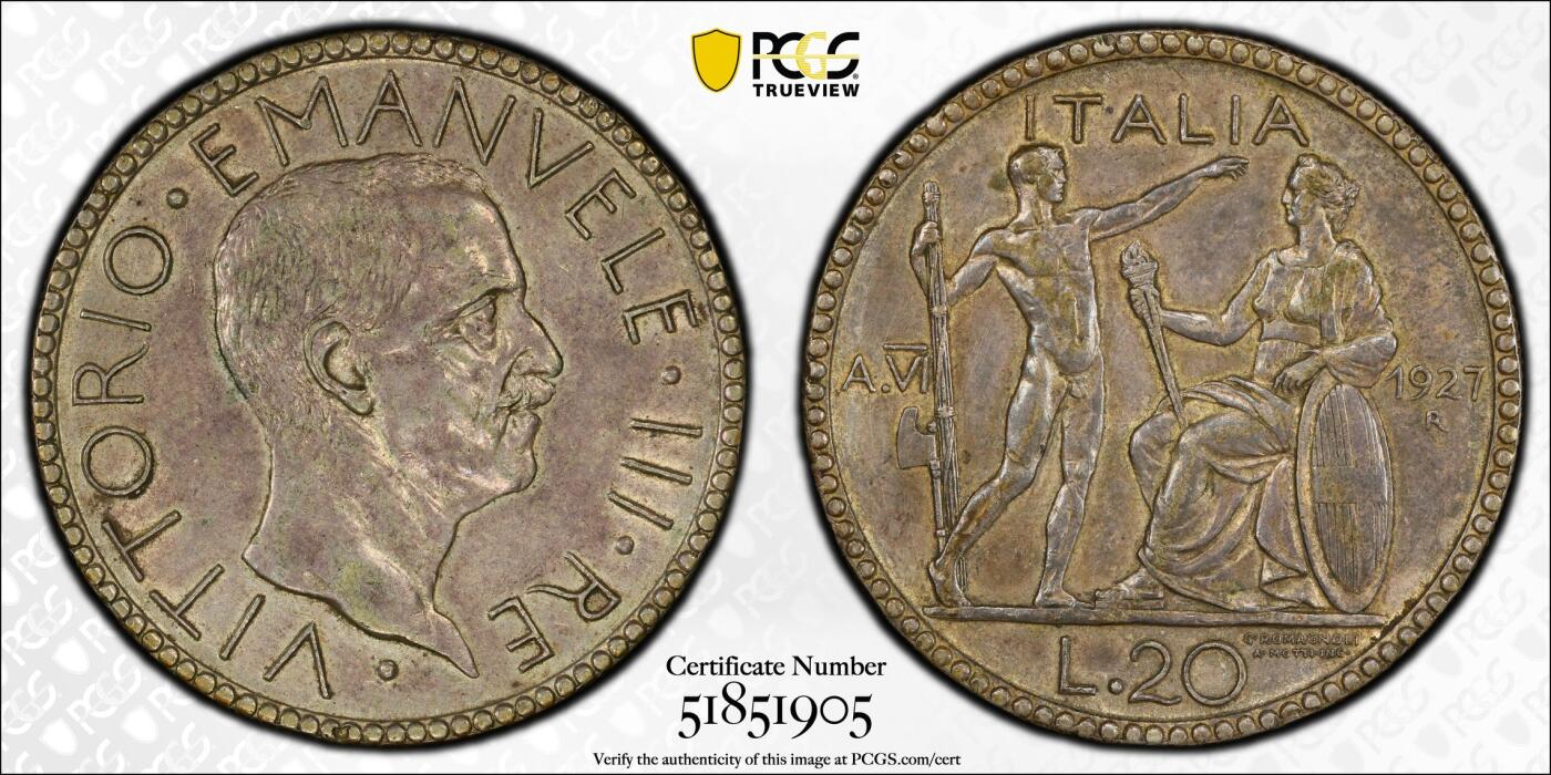  甄臻铺-世界币章拍卖（第24期），送拍享返佣金等优惠多多 PCGS-AU55 意大利1927年裸男20里拉，老包浆好细节