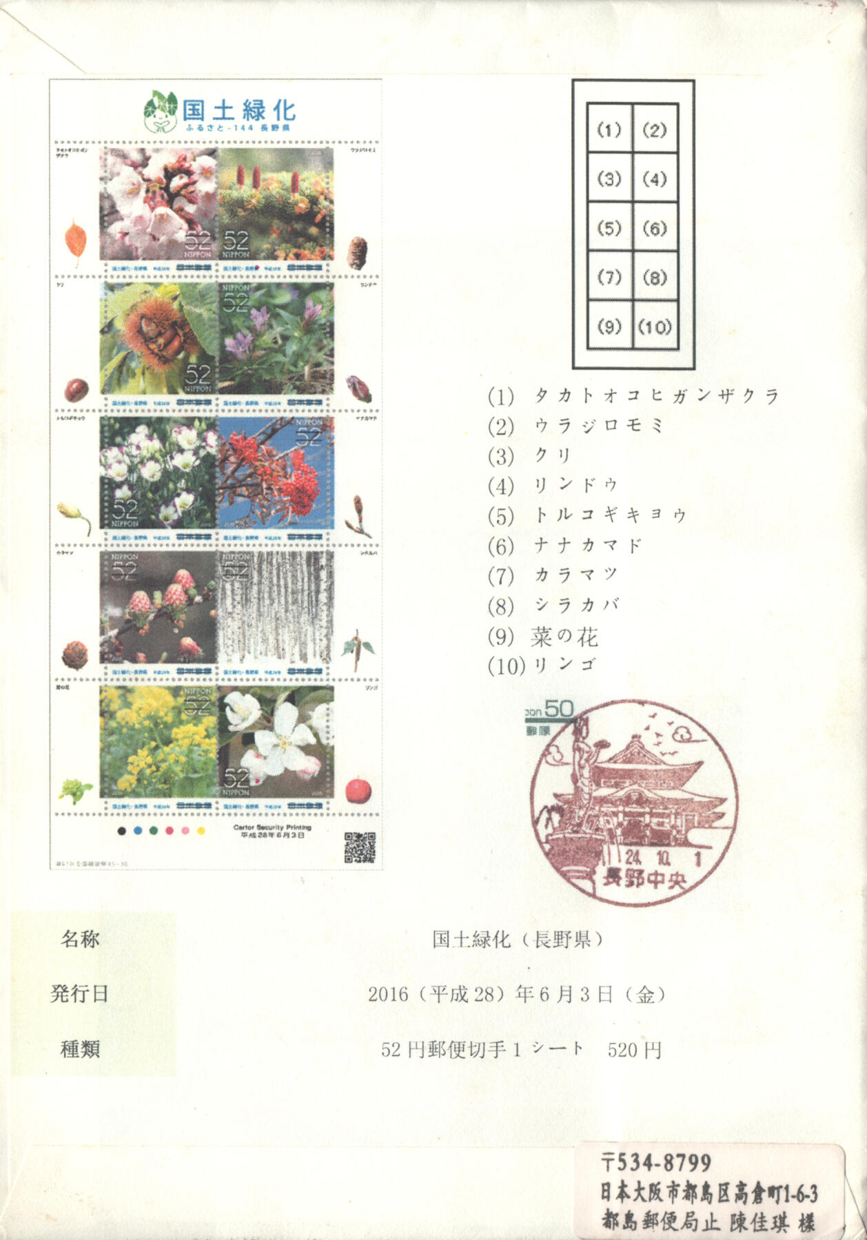 07月12日19:30海外、大陆、澳门、香港邮政精品首日实寄封拍卖专场 2016日本《国土绿化》日本封首日实寄封