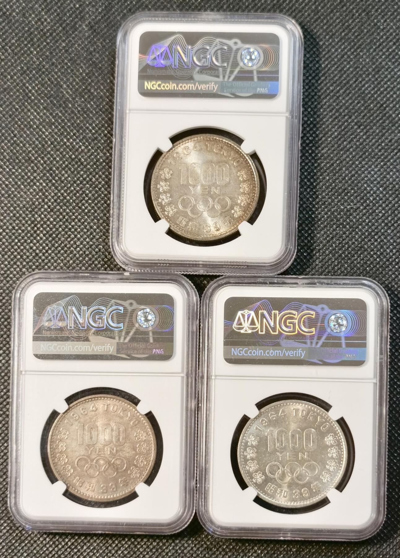  甄臻铺-世界币章拍卖（第24期），送拍享返佣金等优惠多多 NGC-MS64 1964年日本大奥3枚一组（1）银价暴涨，适合入手的品种