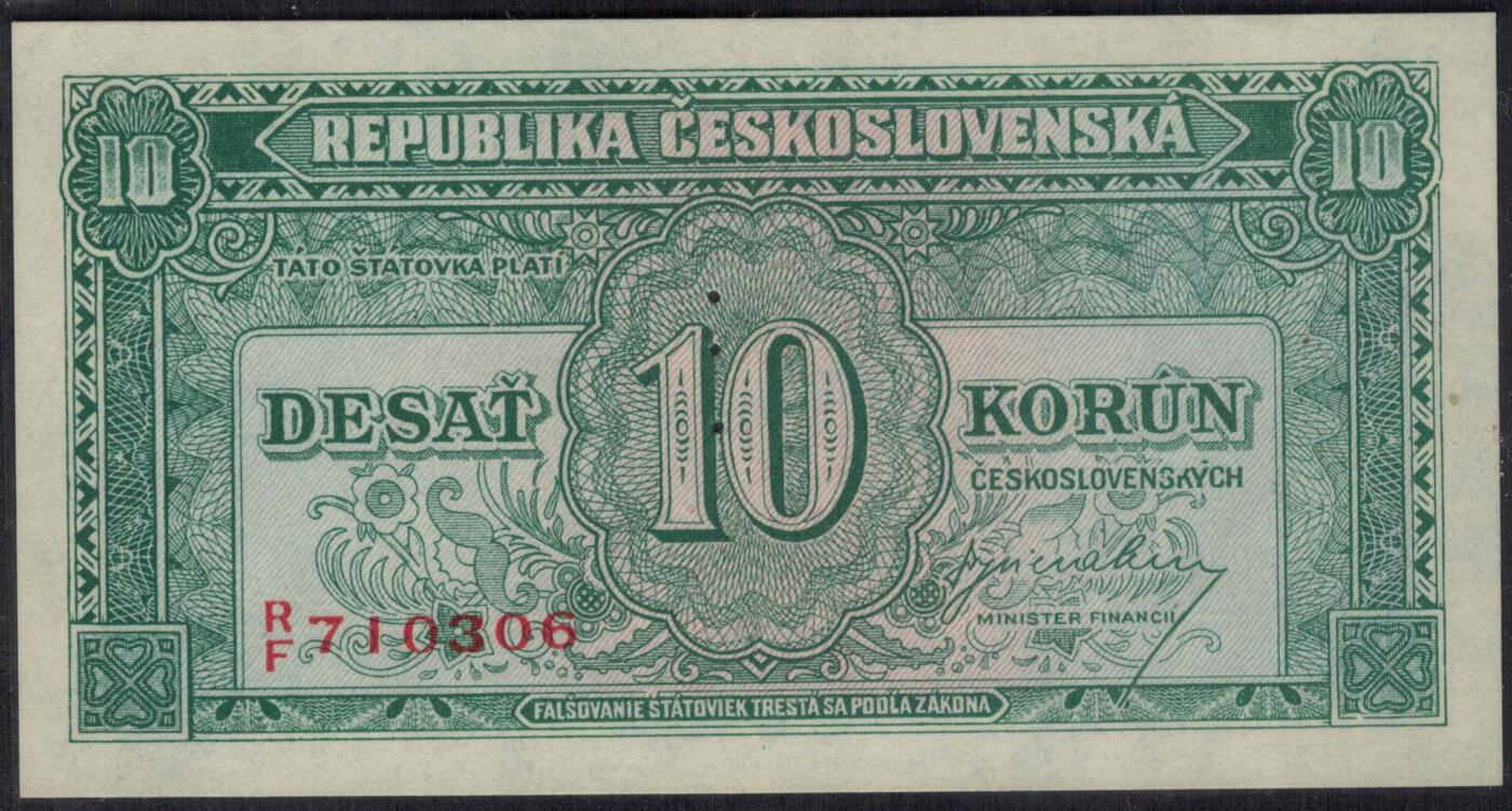 捷克斯洛伐克1945年10克朗(样钞 票样 样票) 无4 P-60s 实物图 UNC