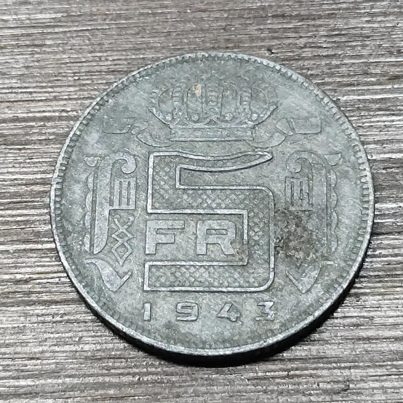 【铜匠收藏】★第125场★散币场，无佣金，30包邮。不满30元，支付5元运费。《接受代拍 代送NGC评级》 德占比利时 1943年 5法郎 锌币