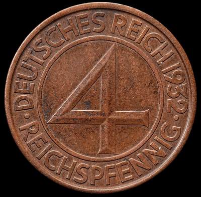 修遠堂世界钱币第七十七期 - 1932年德国4芬尼铜币 A厂铭
