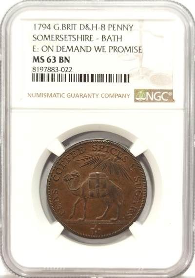 博洋堂世界钱币拍卖第130期（全场包邮） - NGC MS63 英国1794年1便士萨摩赛特郡骆驼，经典工业革命始祖铜币，63分典藏品相！和半便士成套！