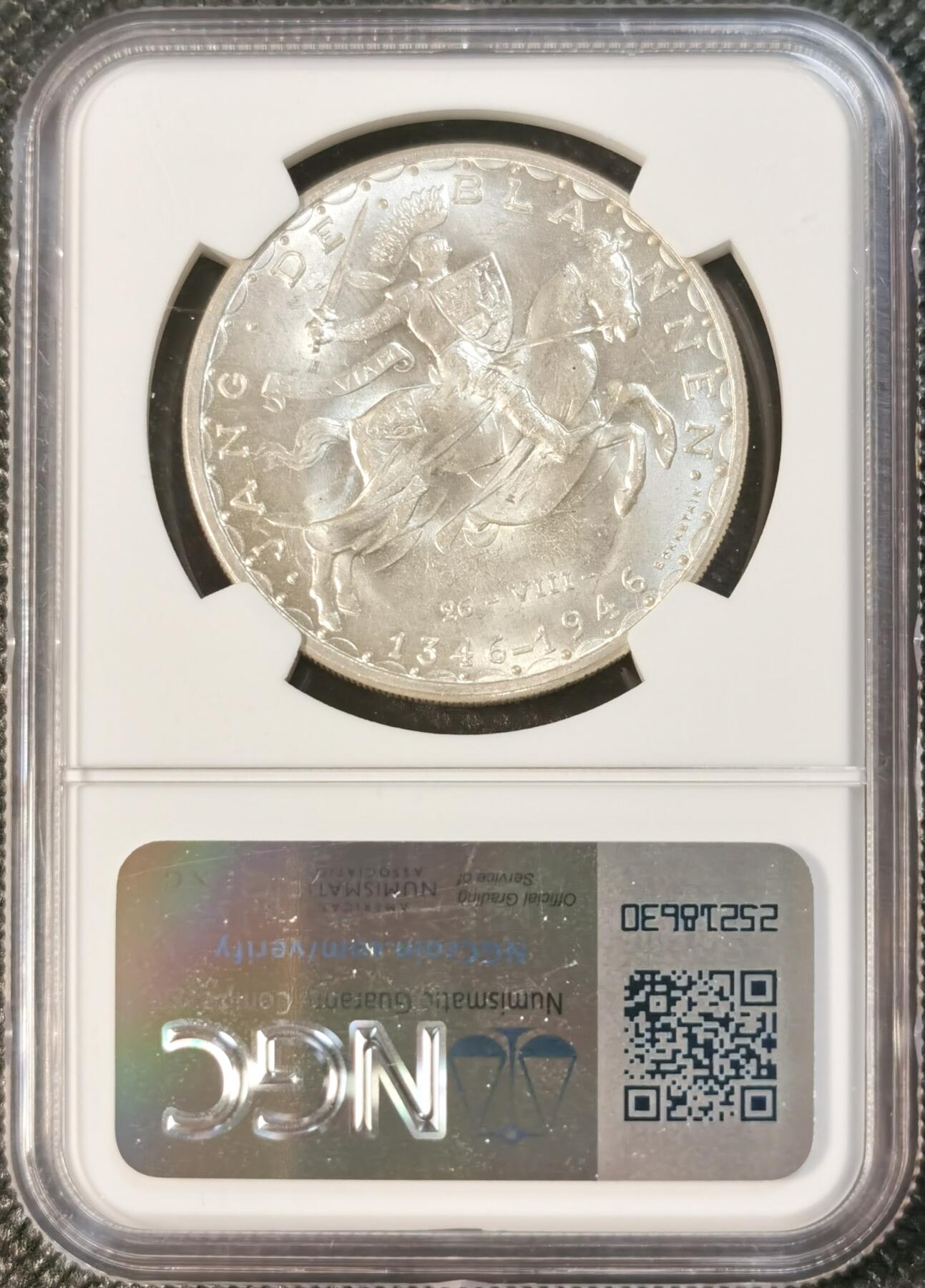  甄臻铺-世界币章拍卖（第24期），送拍享返佣金等优惠多多 NGC-MS65 卢森堡1946年盲人约翰100法郎大银币 卢森堡的大马剑，中世纪骑士策马冲锋，细节精美，图案题材难得，高分可藏