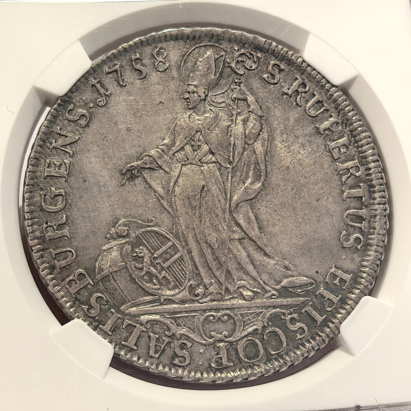 博洋堂世界钱币拍卖第130期（全场包邮） NGC AU55 奥匈1758年萨尔斯堡一斯蒙德三世泰勒宗教泰勒，背面是圣母哺育圣子