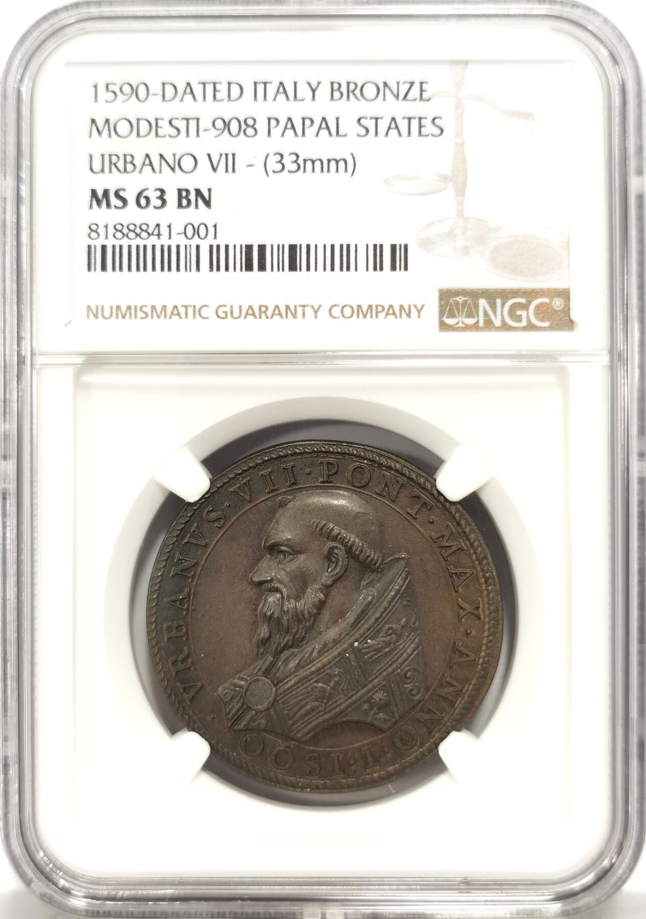 博洋堂世界钱币拍卖第130期（全场包邮） NGC MS63 意大利1590年超级古老原铸乌尔巴诺7世继位纪念！背面女神古朴而优雅！唯一冠军分！
