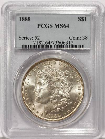 博洋堂世界钱币拍卖第130期（全场包邮） - 美国1888年摩根银币P版PCGS-MS64，币面清爽干净又漂亮，转光强烈细节优秀，状态一流。1888吉祥年份吉祥寓意要发发发，市场上比较稀少年份版本的摩根币。