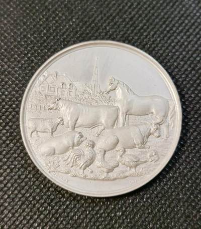  甄臻铺-世界币章拍卖（第24期），送拍享返佣金等优惠多多 - 1870年斯塔福德郡农业协会颁发的银质奖章，正面刻有农场动物群雕，包括马、牛、猪、鸡等，背景是农舍和教堂塔楼，雕刻精美生动。背面刻有协会名称、成立年份1844年，以及获奖者Charles Smith的铭文，环绕麦穗花环装饰。奖章直径约47.2毫米，重31.3克，保存完好，表面有轻微使用痕迹，适合收藏。这枚奖章是当时农业展示的重要纪念品，具有历史研究价值。