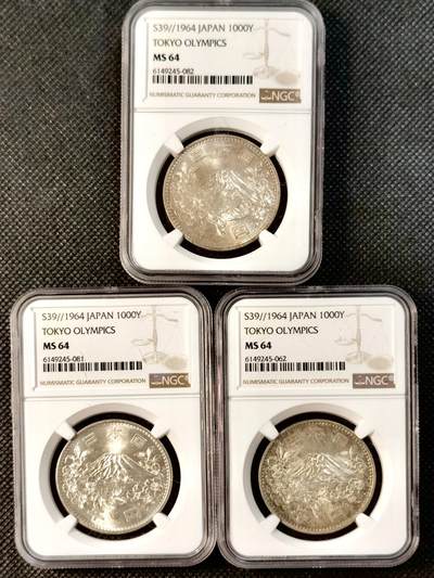  甄臻铺-世界币章拍卖（第24期），送拍享返佣金等优惠多多 - NGC-MS64 1964年日本大奥3枚一组（3）银价暴涨，适合入手的品种