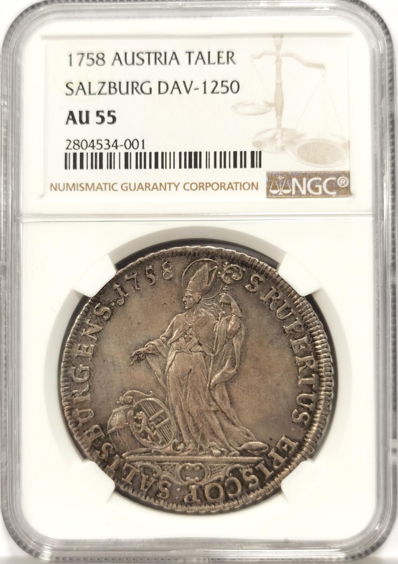 博洋堂世界钱币拍卖第130期（全场包邮） NGC AU55 奥匈1758年萨尔斯堡一斯蒙德三世泰勒宗教泰勒，背面是圣母哺育圣子