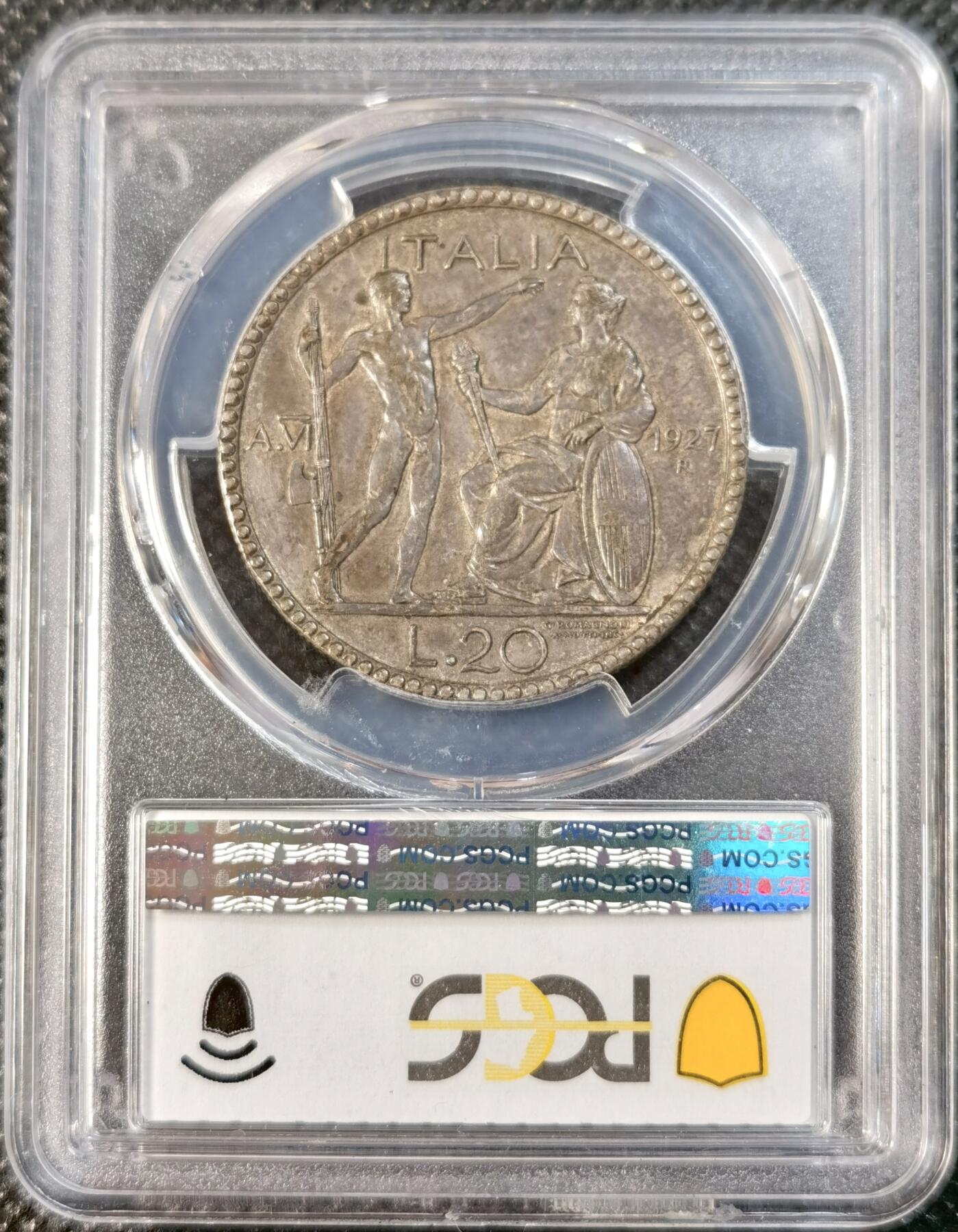  甄臻铺-世界币章拍卖（第24期），送拍享返佣金等优惠多多 PCGS-AU55 意大利1927年裸男20里拉，老包浆好细节