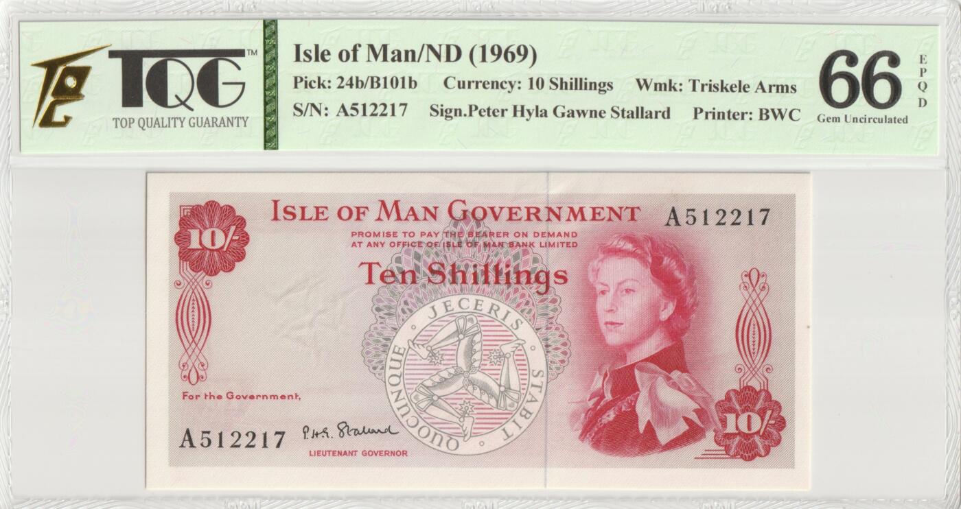 PThappally收藏第51次拍卖，英联邦地区硬币纸币 马恩岛 年份 1969, 10 Shillings 全新的 纸币, 克劳斯目录编号: 24b, 签名: Stallard, 认证于: TQG 66 EPQD Gem UNC