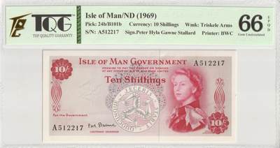 PThappally收藏第51次拍卖，英联邦地区硬币纸币 - 马恩岛 年份 1969, 10 Shillings 全新的 纸币, 克劳斯目录编号: 24b, 签名: Stallard, 认证于: TQG 66 EPQD Gem UNC