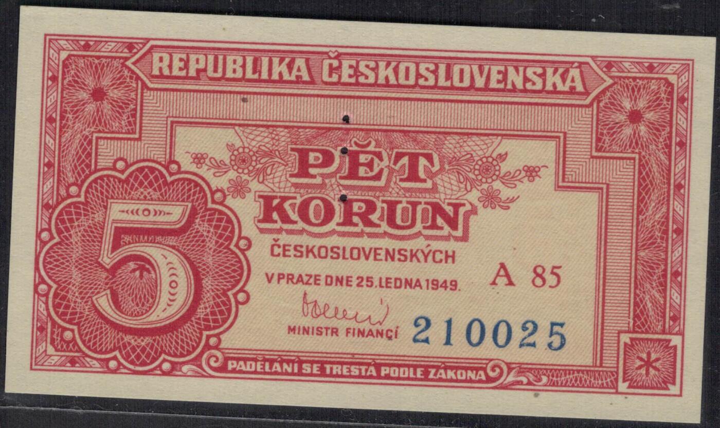 捷克斯洛伐克1949年5克郎(样钞 票样 样票) 无47 P-68s 实物图 UNC