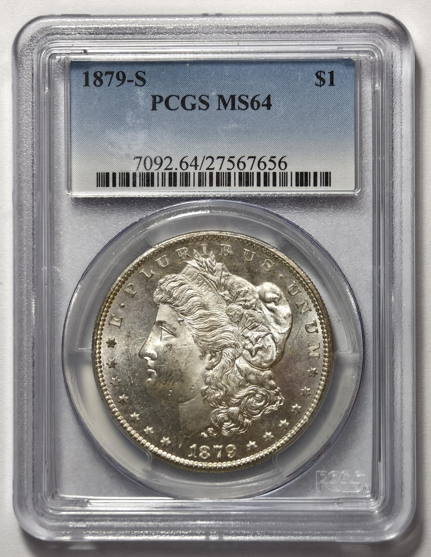 紫瑗钱币——第572期 美国 1879年 S版 摩根 大头妹 1美元 银币 PCGS MS64 老盒 转光犀利