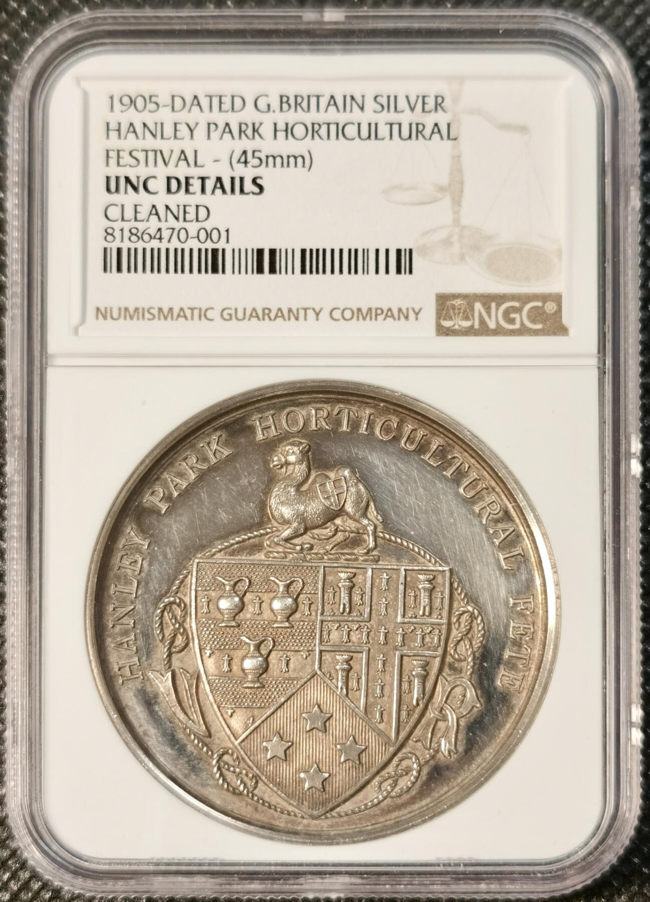  甄臻铺-世界币章拍卖（第24期），送拍享返佣金等优惠多多 NGC-UNCD 英国1905年汉利公园园艺节获奖银章，直径45毫米，重37.3克。