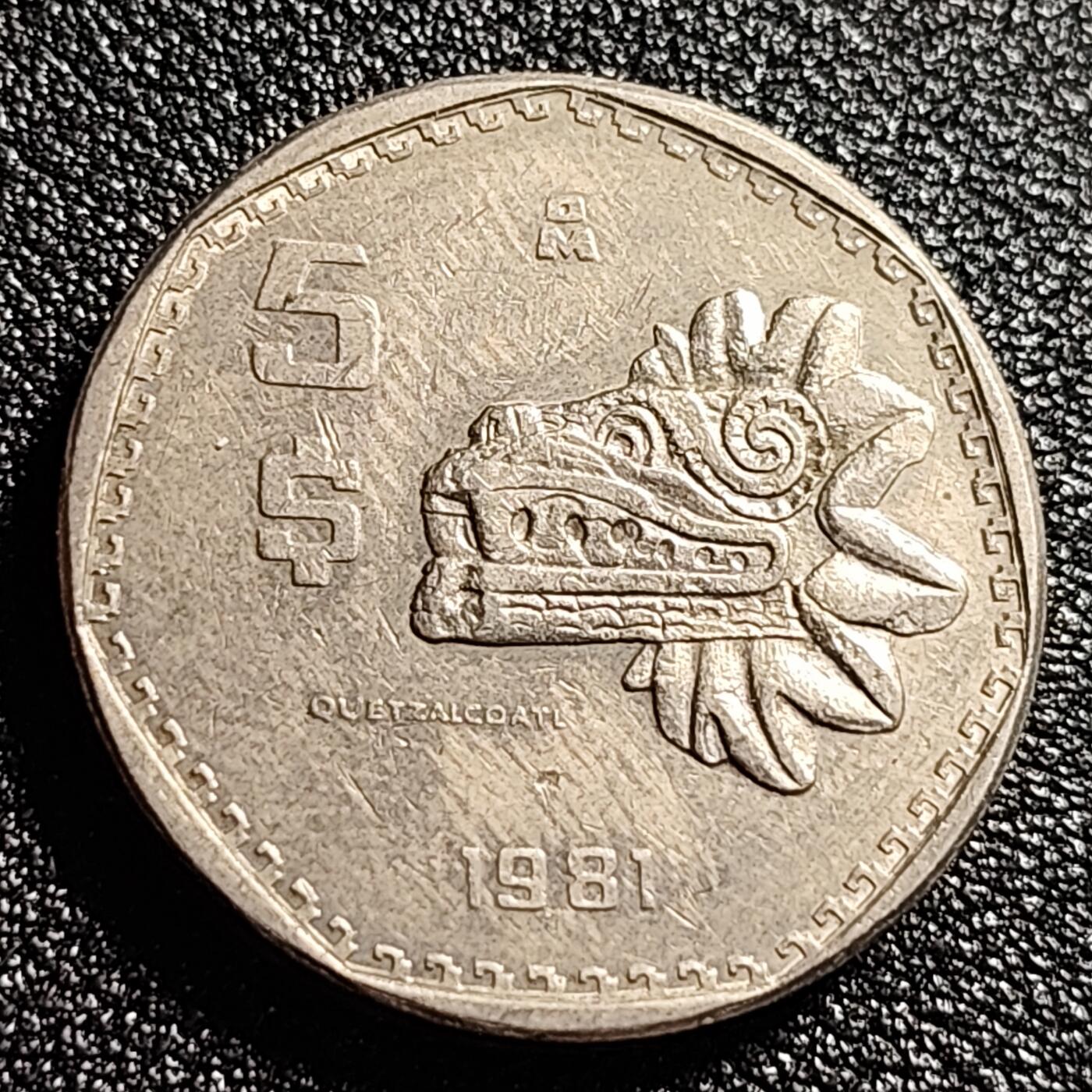 泉币菌-第47场-各国散币场 墨西哥5比索 玛雅龙头图腾 直径27mm