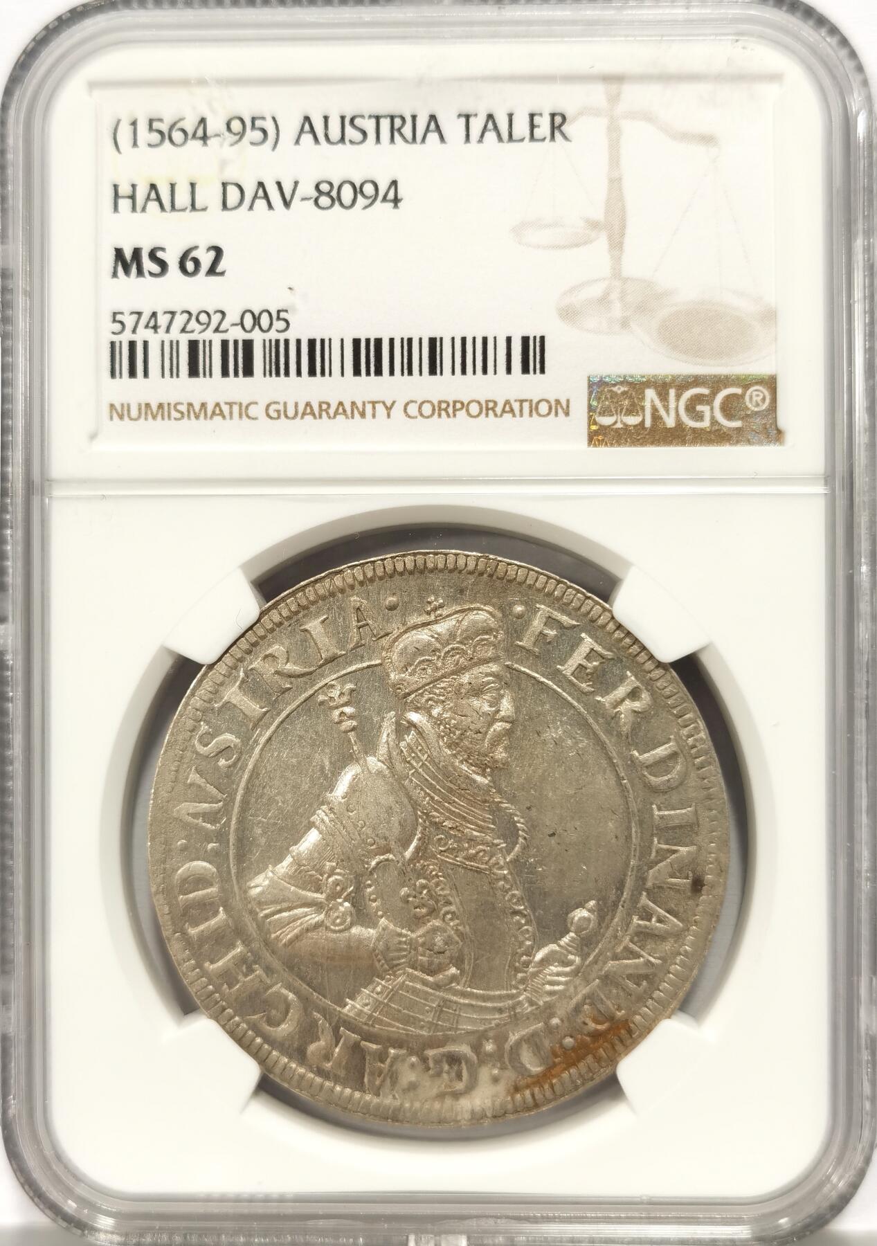 博洋堂世界钱币拍卖第130期（全场包邮） NGC MS62 奥匈1564年斐迪南大公泰勒，底板泛光，犹如刚出厂状态