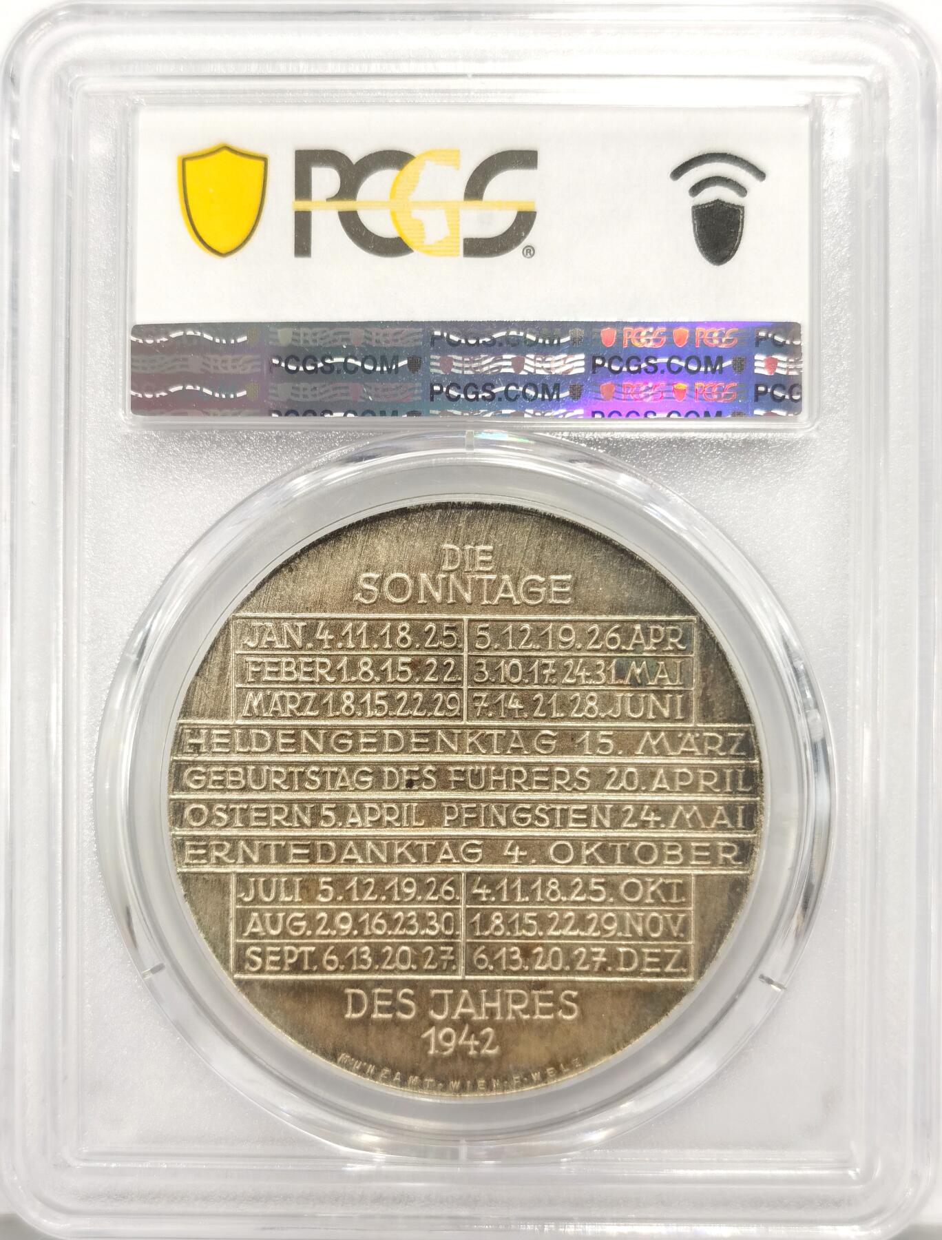 博洋堂世界钱币拍卖第130期（全场包邮） PCGS SP63 冠军分！1942维也纳日历大银章，40mm。彼时已属于第三帝国，如换盒可以打上thirdrich标！