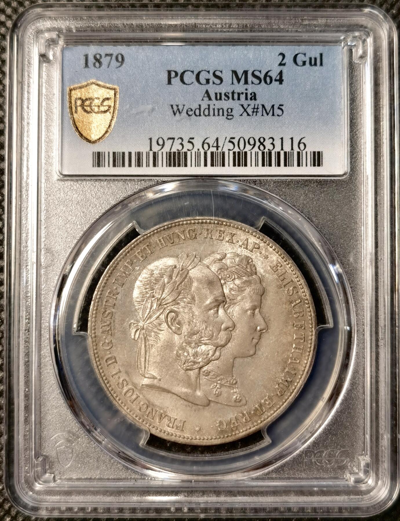  甄臻铺-世界币章拍卖（第24期），送拍享返佣金等优惠多多 PCGS-MS64 1879年奥地利弗朗茨一世与茜茜公主银婚纪念2福林 丝绸底板 醇熟五彩 顶级收藏品质
