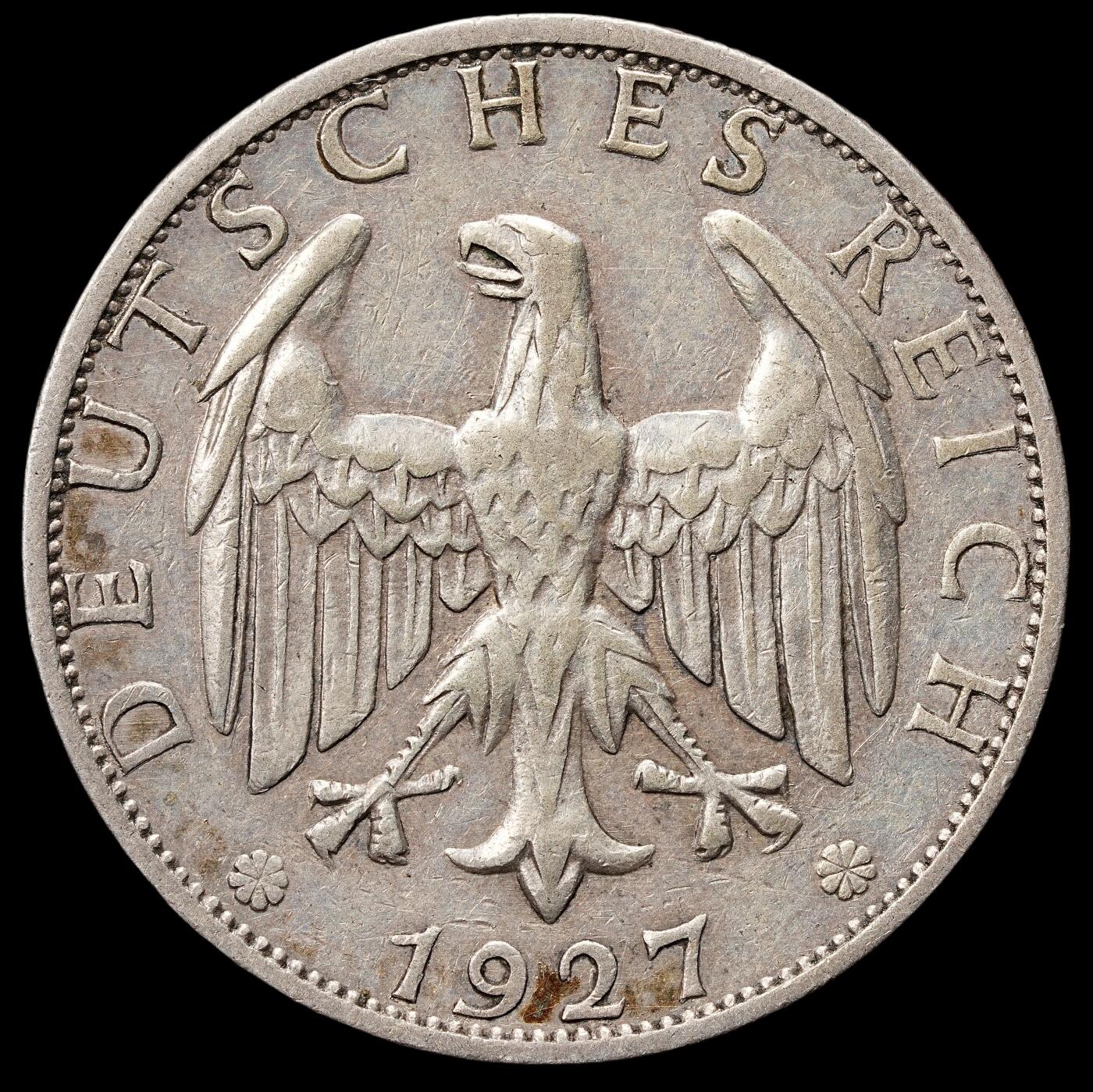 修遠堂世界钱币第七十七期 1927年德国2马克银币 A厂铭