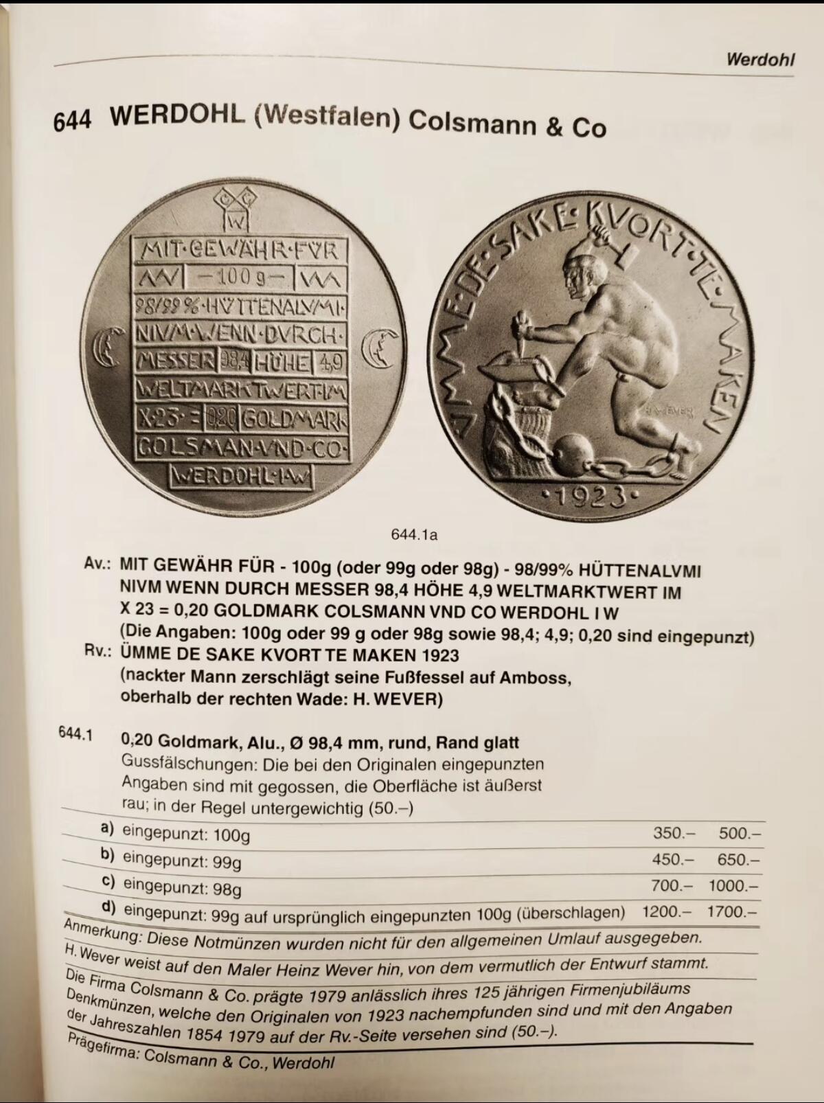 【德藏】世界币章拍卖第137期（拍品征集中~欢迎藏友联系） 德紧巨型名誉品！1923年 德国紧急时期韦尔多尔0.2金马克大铝币 等值于2千亿马克 曾经的芬克目录封面币 直径约：98.4mm；重约：100g 