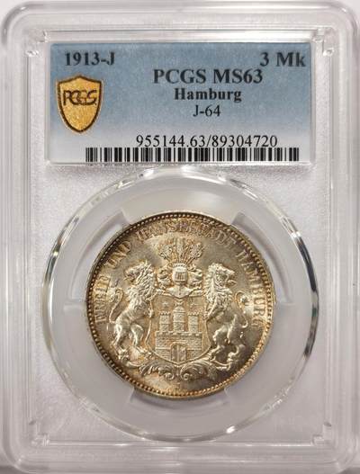 博洋堂世界钱币拍卖第130期（全场包邮） - PCGS MS63 德国汉堡1913年流通3马克银币