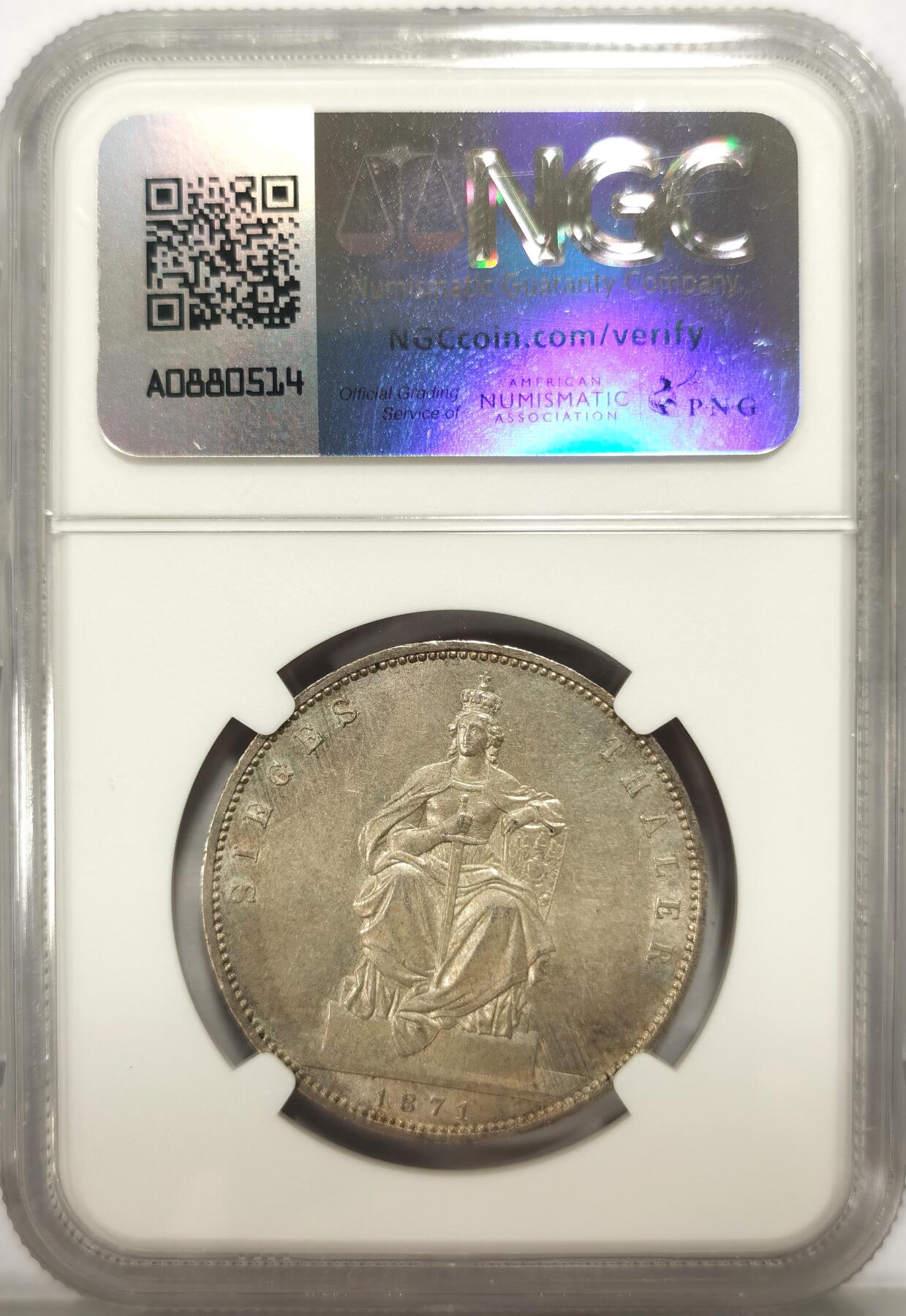 博洋堂世界钱币拍卖第130期（全场包邮） NGC MS61 德国普鲁士1871年普法胜利1泰勒银币，经典的泰勒入门品种。
